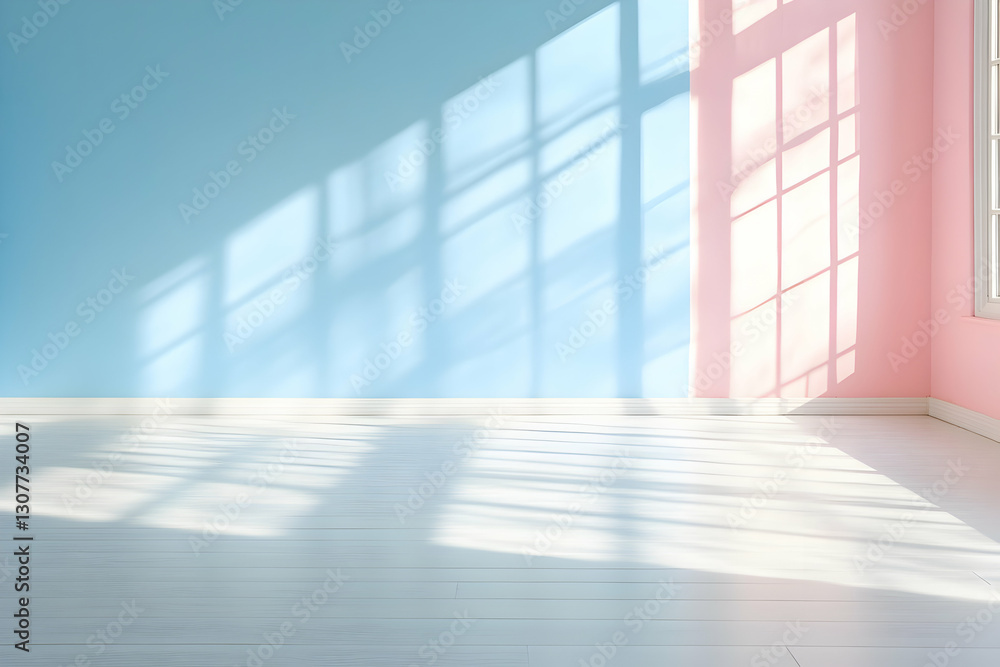 Poster sunlight streams through window in pastel-walled empty room, casting shadows on floor; ideal for pro