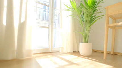 Sunlight streams through sheer curtains in a bright apartment, illuminating a potted plant and light wood furniture; ideal for home decor or real estate listings