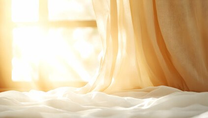 Sunlit bedroom, curtains gently parted, revealing bright morning light through a window; serene, peaceful atmosphere. Ideal for websites, blogs, or advertisements promoting relaxation, sleep