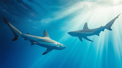 Fototapeta premium A pair of sharks swimming in clear ocean water, symbolizing marine life and aquatic ecosystems, capturing the power and beauty of these sea creatures in their natural habitat.