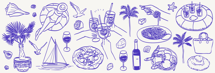 Italian coastal summer vacation doodle style illustration set. Vector ink hand drawn Italy coast sea or beach elements. Sea weekend dinner collection for invitations to beach party, picnic, wedding.