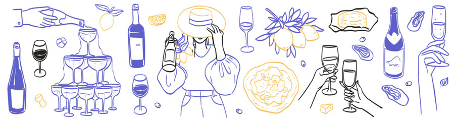 Hand drawn crayon food and wine or champagne illustration. Sketch style lunch or dinner Illustrations for wedding invitations, cafe or restaurant menus and parties. La dolce vita italian amalfi style.