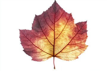 Fototapeta premium A single, dried autumn leaf, showcasing vibrant red and yellow hues against a white backdrop.