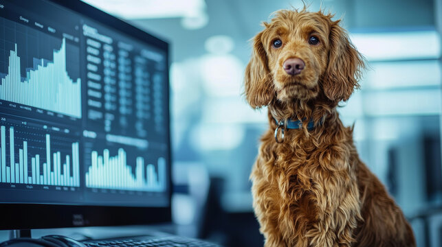 dog sitting beside computer displaying data analytics, showcasing blend of technology and companionship. scene captures unique work environment - Powered by Adobe