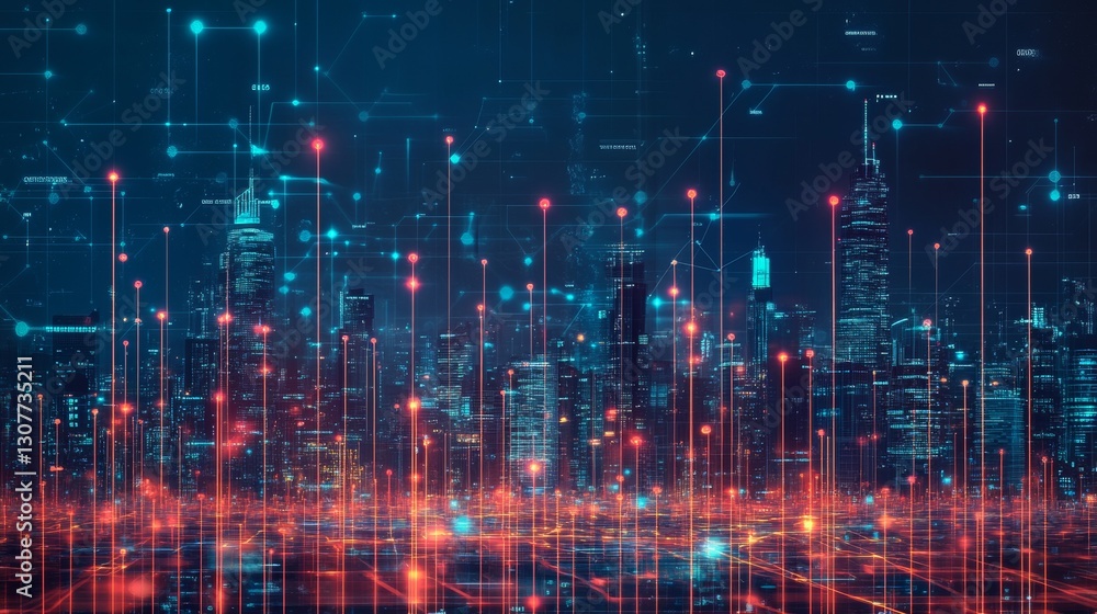 Poster virtual city skyline with neon lights and digital buildings in a futuristic matrix style, creating a