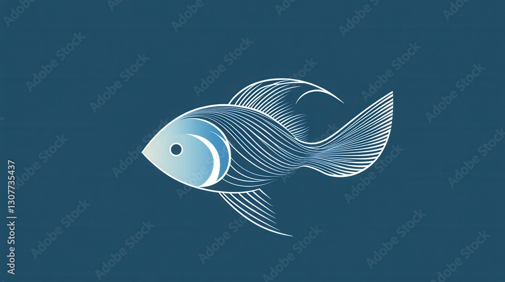 Poster minimalist fish logo design featuring wave patterns in cool blue tones, reflecting an aquatic theme 