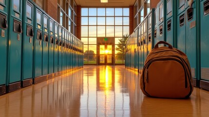 School hallway at sunset, lockers, backpack