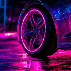 3D rendering of a car wheel on a dark background with neon lights