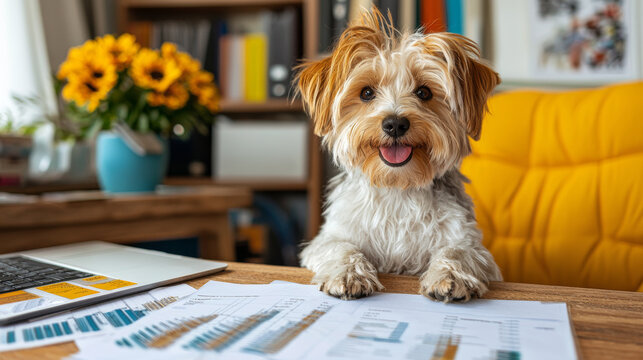 happy dog sitting at desk with business documents and laptop, surrounded by bright workspace. cheerful atmosphere is enhanced by bouquet of sunflowers in background