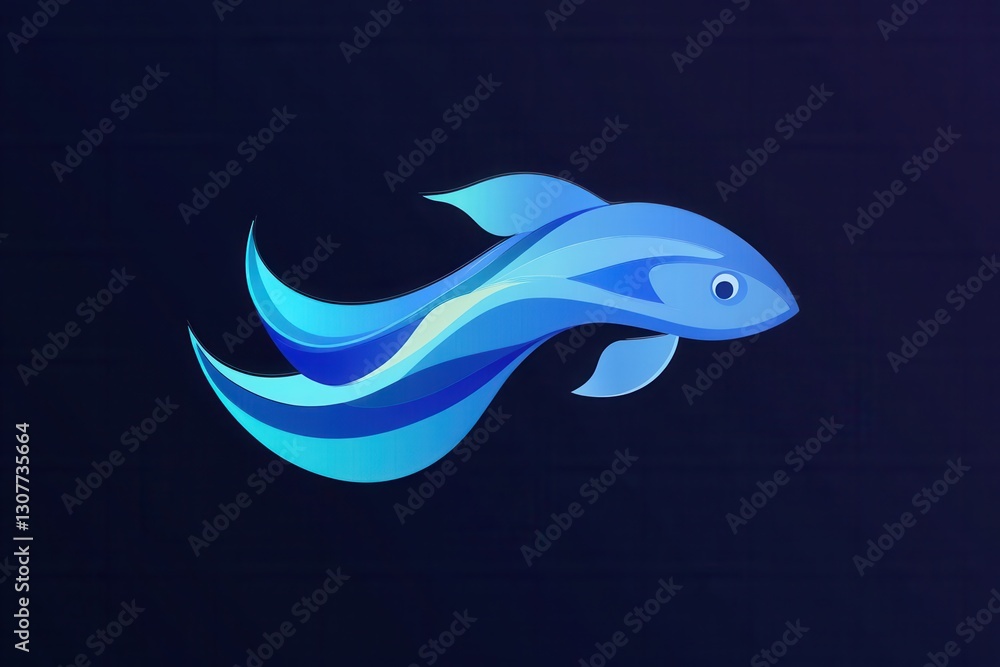 Poster minimalist abstract fish logo featuring wave patterns in cool blue tones for an aquatic themed desig