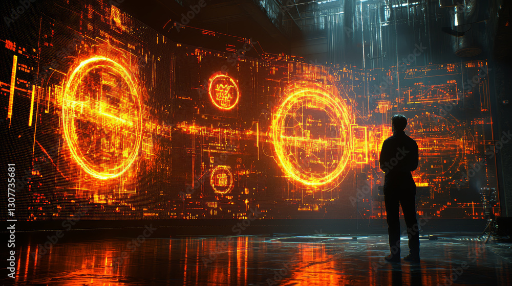 Poster person observing futuristic digital display with glowing orange graphics in high tech environment. s