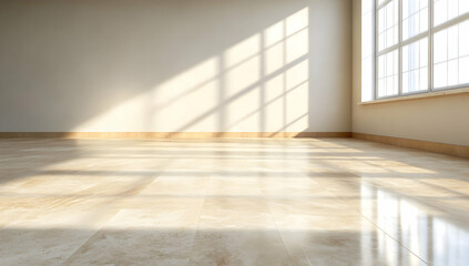 Fototapeta premium Sunlit empty room with beige marble floor, large window, and pale walls; ideal for interior design or real estate