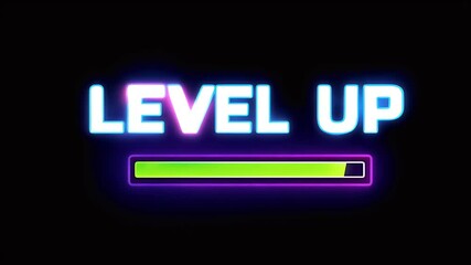 bold digital animation featuring words “Level Up” flashing trendy distortion effect symbolizing progress futuristic gaming technology theme - Powered by Adobe