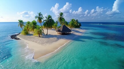 Fototapeta premium Tropical island paradise with beach hut, aerial view