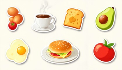 Breakfast food icons with coffee, eggs, and avocado