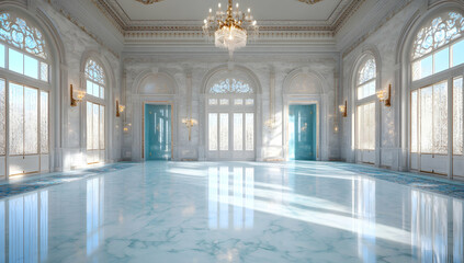 Fototapeta premium Sunlit Grand Ballroom Interior Elegant marble floor, arched windows, and ornate details. Ideal for events, luxury, or interior design