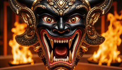 Fototapeta premium Dramatic mask with fierce expression against fiery background