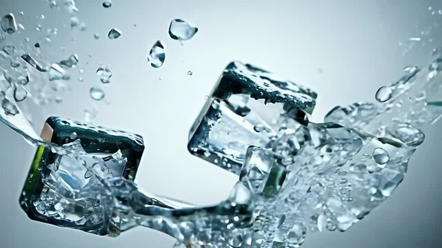 Slow motion cinematic footage ice cubes splashing cocktail capturing crisp water movement detailed reflections dramatic dark background
