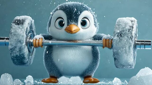 Cute cartoon penguin lifting weights in icy background, fitness concept, use in children's books, social media