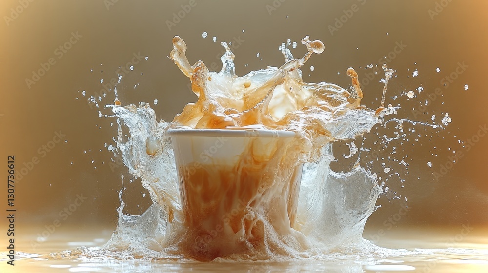 Poster splashing liquid creates dynamic patterns in a cup on a smooth surface under soft lighting