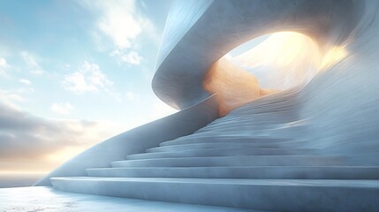 Serene concrete stairway ascends gently towards a warm glowing light illuminating the sky. AI Generated