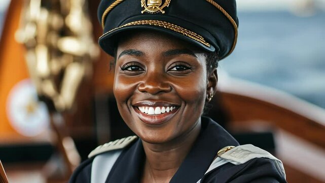 Smiling female captain at the helm of a ship on a sunny day at sea
