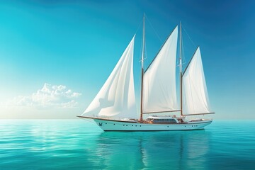 Fototapeta premium Elegant sailboat glides across turquoise waters under a bright, sunny sky.