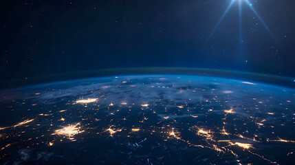 background of planet earth in space  with night city and glowing lines