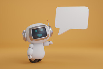 Wheeled cute robot with speech bubble on orange background. 3d illustration.