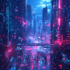 Digital illustration of a futuristic city at night with glowing lights in the background