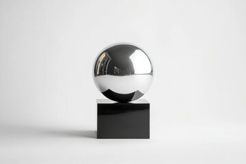 A reflective silver sphere rests atop a sleek, black cubic base, a minimalist sculptural piece.