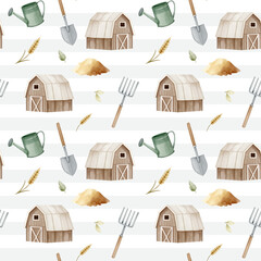Seamless pattern with watercolor barn and agricultural tools. Farm pattern. Agricultural watercolor background © Hanna ArtLab