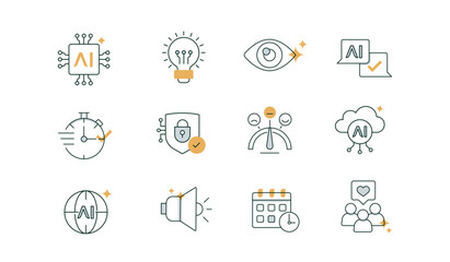 AI and Innovation Icons: Machine Learning, Vision, Security, Cloud AI, Insights. Editable Stroke Icons.