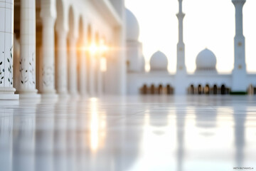 Fototapeta premium Sunlit Mosque Courtyard, UAE, Sunrise, Peaceful Reflections, Ideal for Travel Brochures