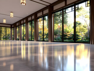 Fototapeta premium Sunlit modern hall with expansive garden views, perfect for events or serene contemplation