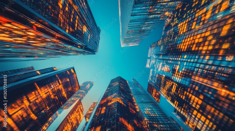 Aufkleber digital skyscrapers soar in a neon-lit cityscape, creating an abstract and futuristic backdrop.
