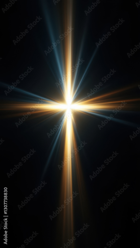 Poster a graphic illustration with a cross symbol in the center, surrounded by abstract light rays emanatin