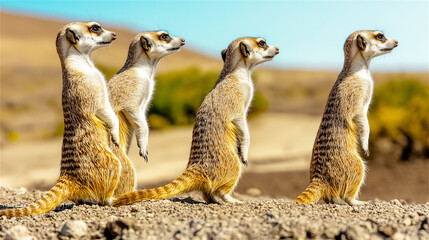 Group of meerkats standing on sandy terrain under clear sky, attentively scanning surroundings. Concept of wildlife community, cooperation, and group vigilance.