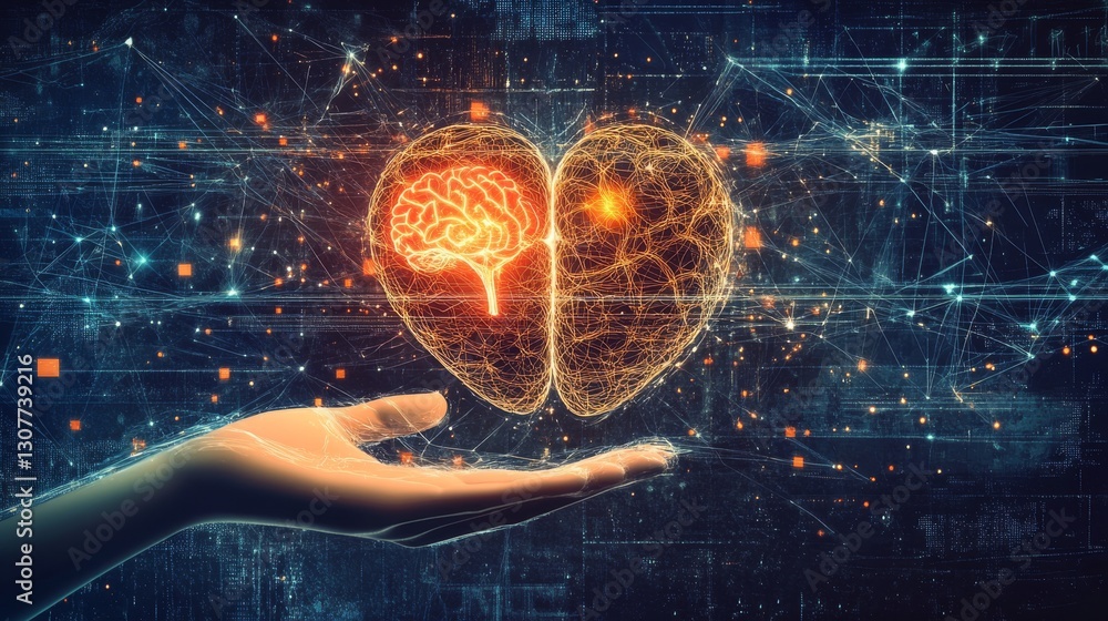 Poster heart and brain interconnected in a futuristic design, symbolizing the interplay between emotions an