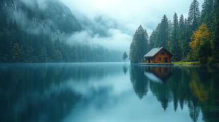 Obraz premium Lakeside cabin nestled amidst foggy mountain forests, reflecting peacefully in serene waters, evoking tranquility and escape. Serene Scene