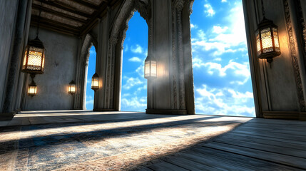 Sunlit Palace Balcony Serene view of a bright sky from a luxurious balcony with ornate arches, hanging lamps, and a patterned rug. Ideal for travel, fantasy, or architecture designs