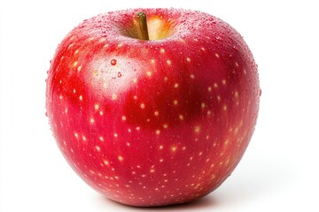 A single, ripe red apple with water droplets, isolated on a white background.