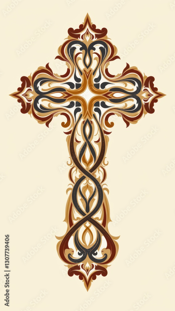 Poster ornate christian cross on a scroll with a decorative border.