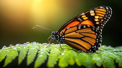 Monarch butterfly resting on fern leaves, golden sunrise background
