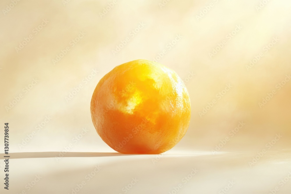 Poster a spherical orange fruit with a unique texture, illuminated by soft sunlight on a neutral background