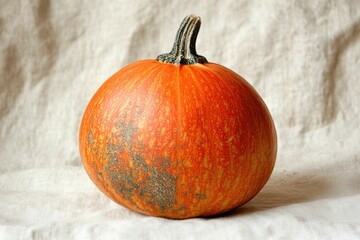 A single, small, orange pumpkin with grey spots sits on a beige fabric.