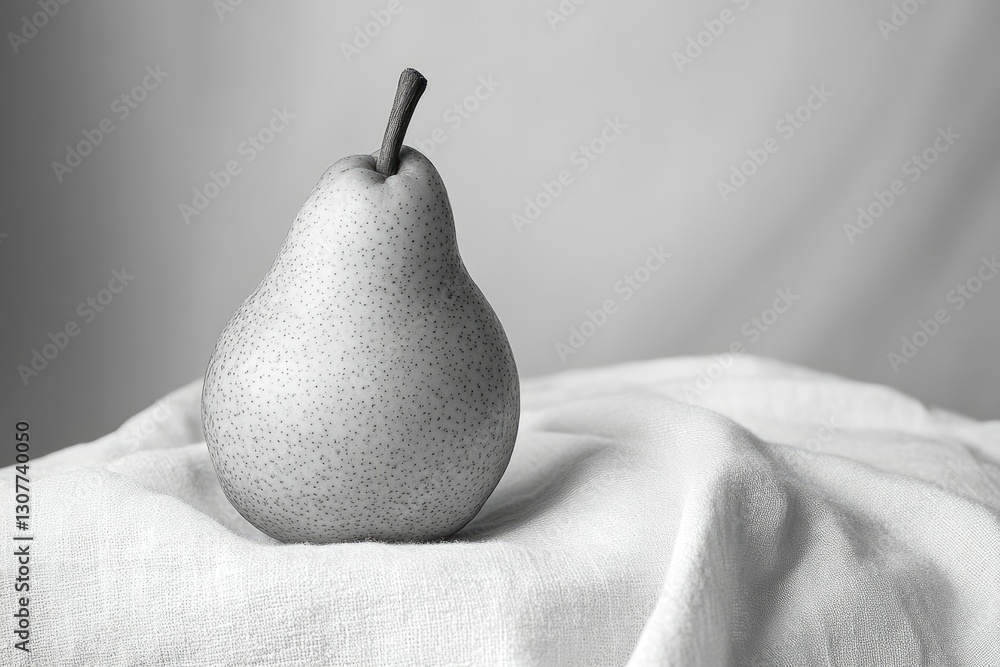 Aufkleber a grayscale image of a single pear resting on a subtly textured white fabric.