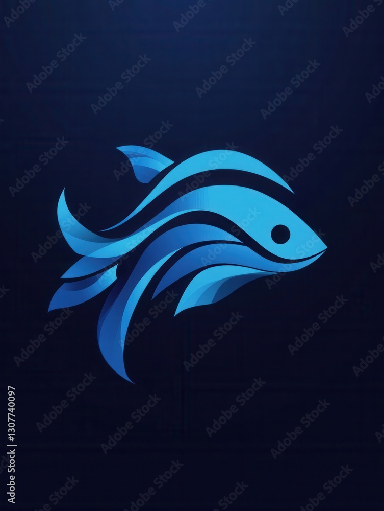 Poster minimalist fish logo design with wave patterns and cool blue tones for aquatic themes generative ai