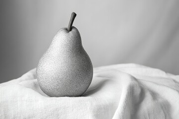 A grayscale image of a single pear resting on a subtly textured white fabric.