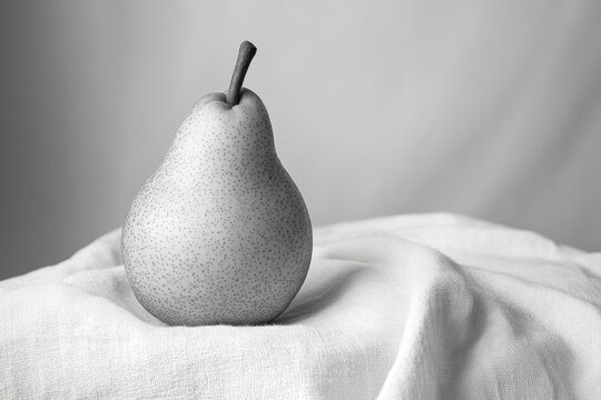 A grayscale image of a single pear resting on a subtly textured white fabric.